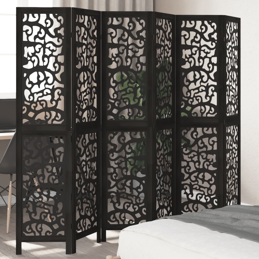 Room Divider 6 Panels Black Solid Wood Paulownia